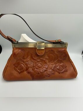 Patricia Nash Embossed Leather Ferrara Satchel Purse Bag Brass Clasp Handbag